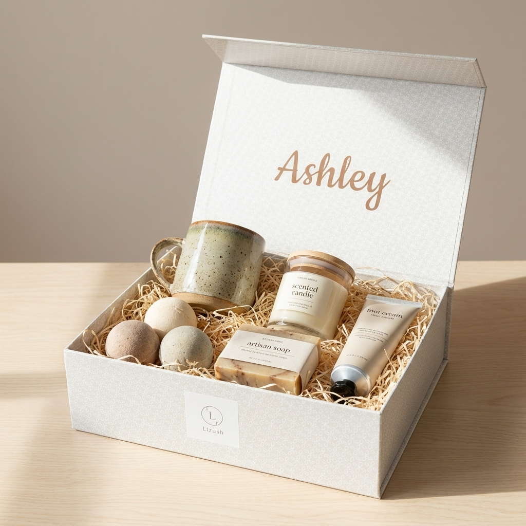 Open spa gift box revealing ceramic mug, candle, bath bombs and soap
