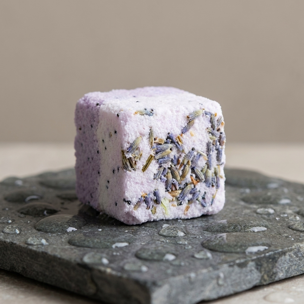 Close-up of a shower steamer with dried lavender and botanicals