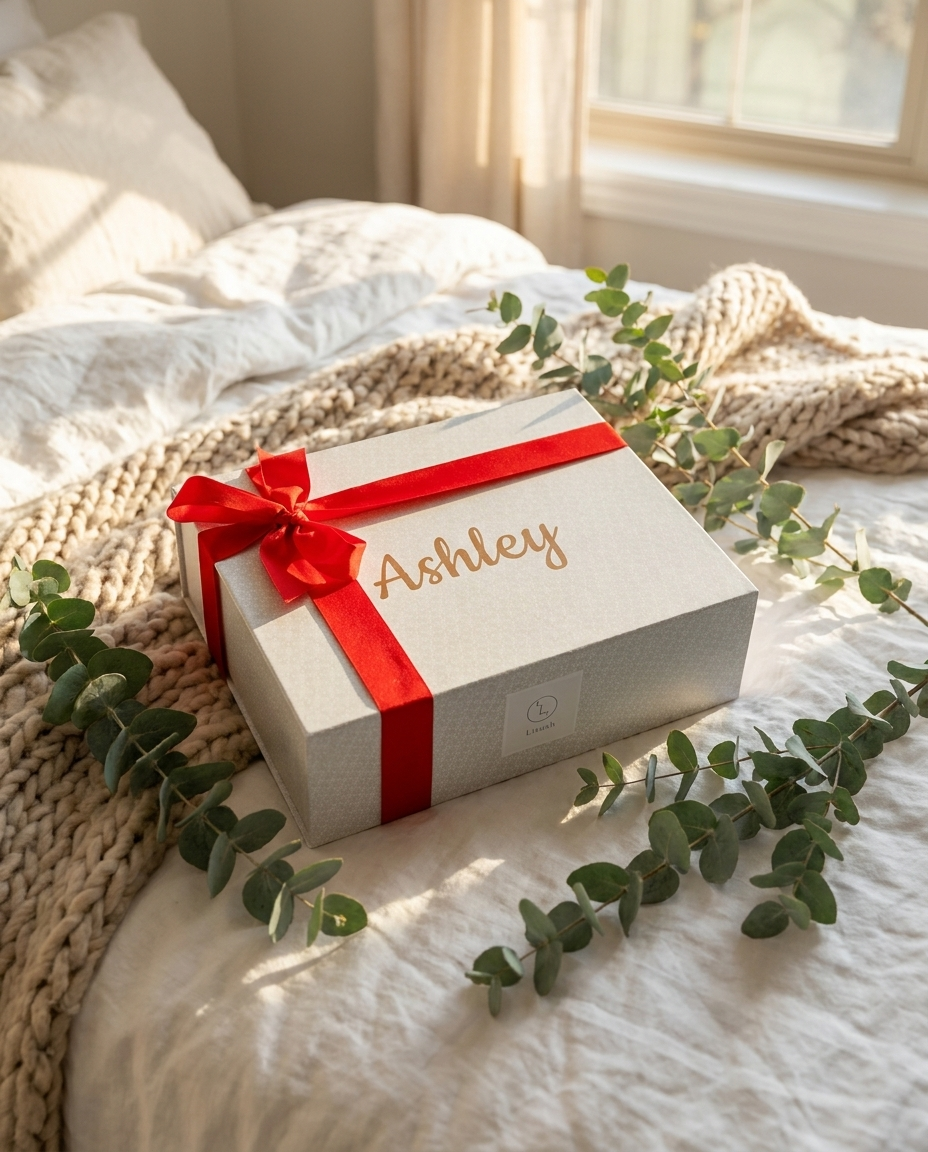 Spa gift box with eucalyptus on a cozy linen bed