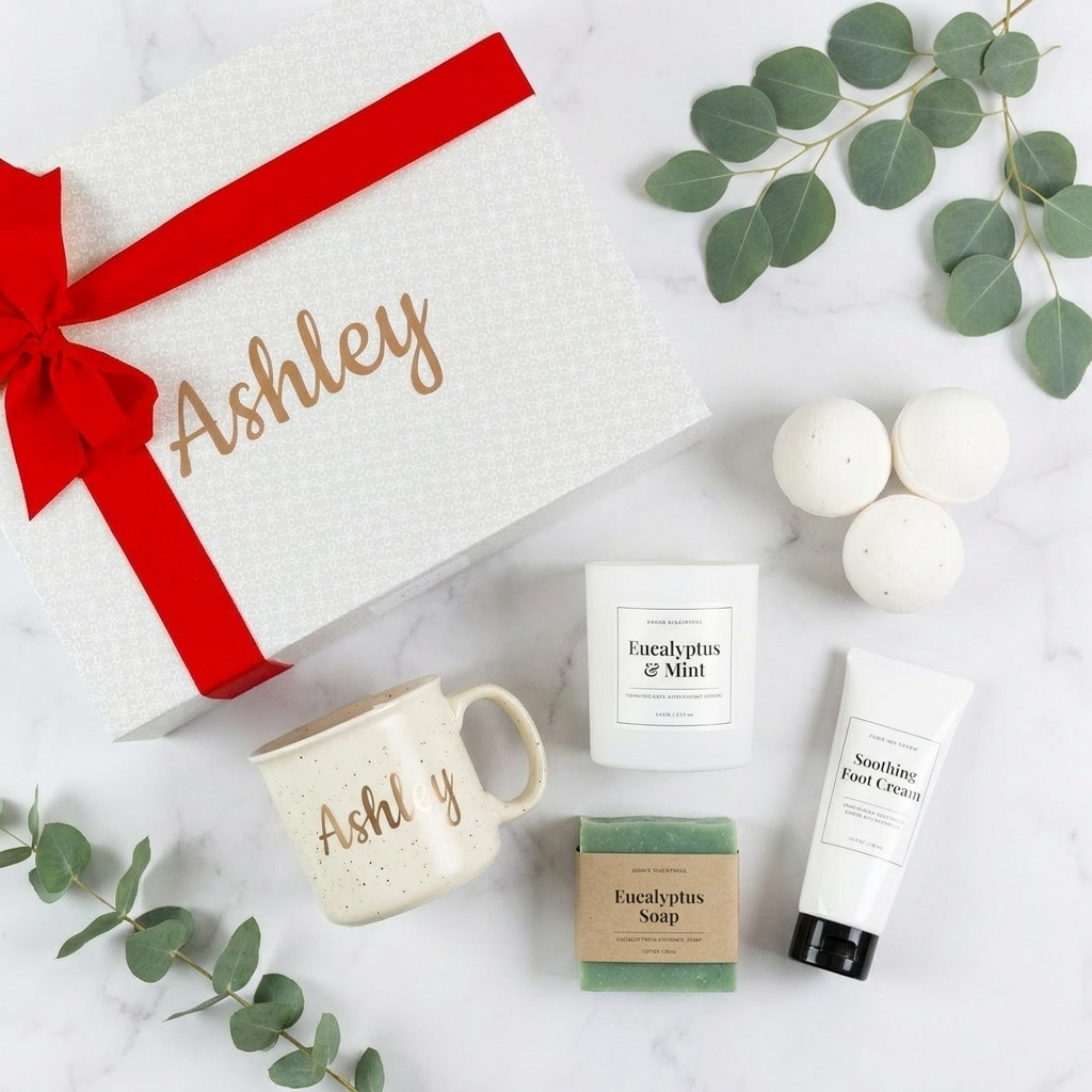 Flat-lay of spa set contents with eucalyptus on white marble