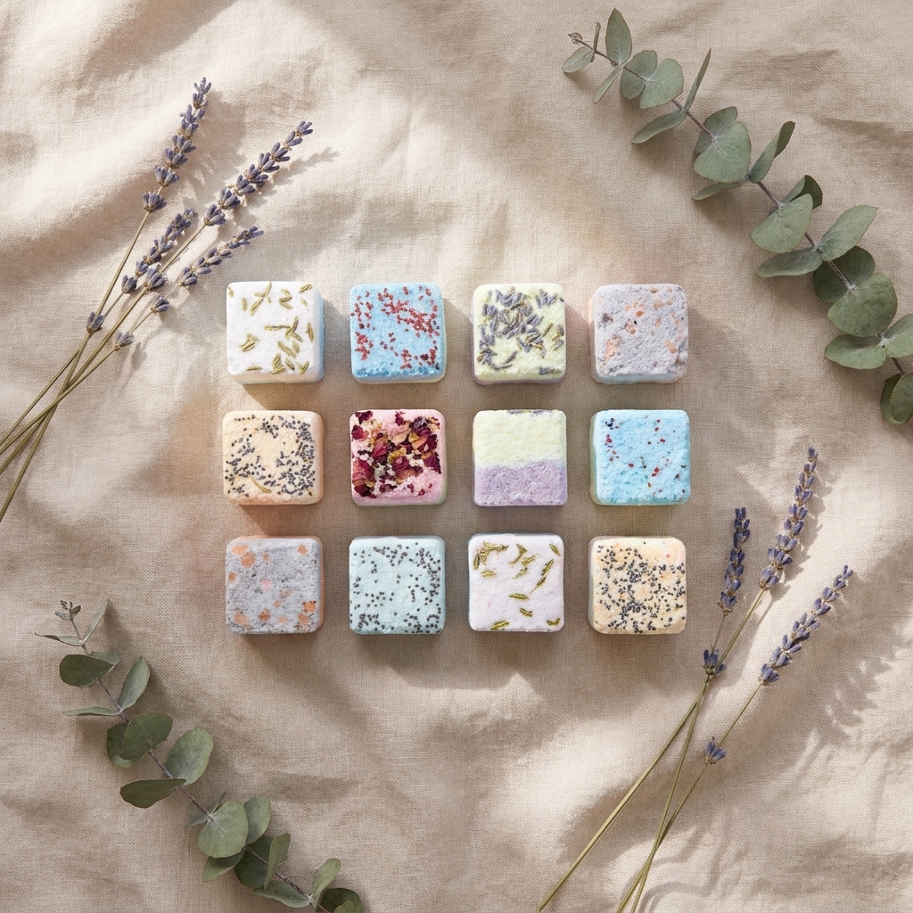 Flat lay of twelve assorted aromatherapy shower steamers