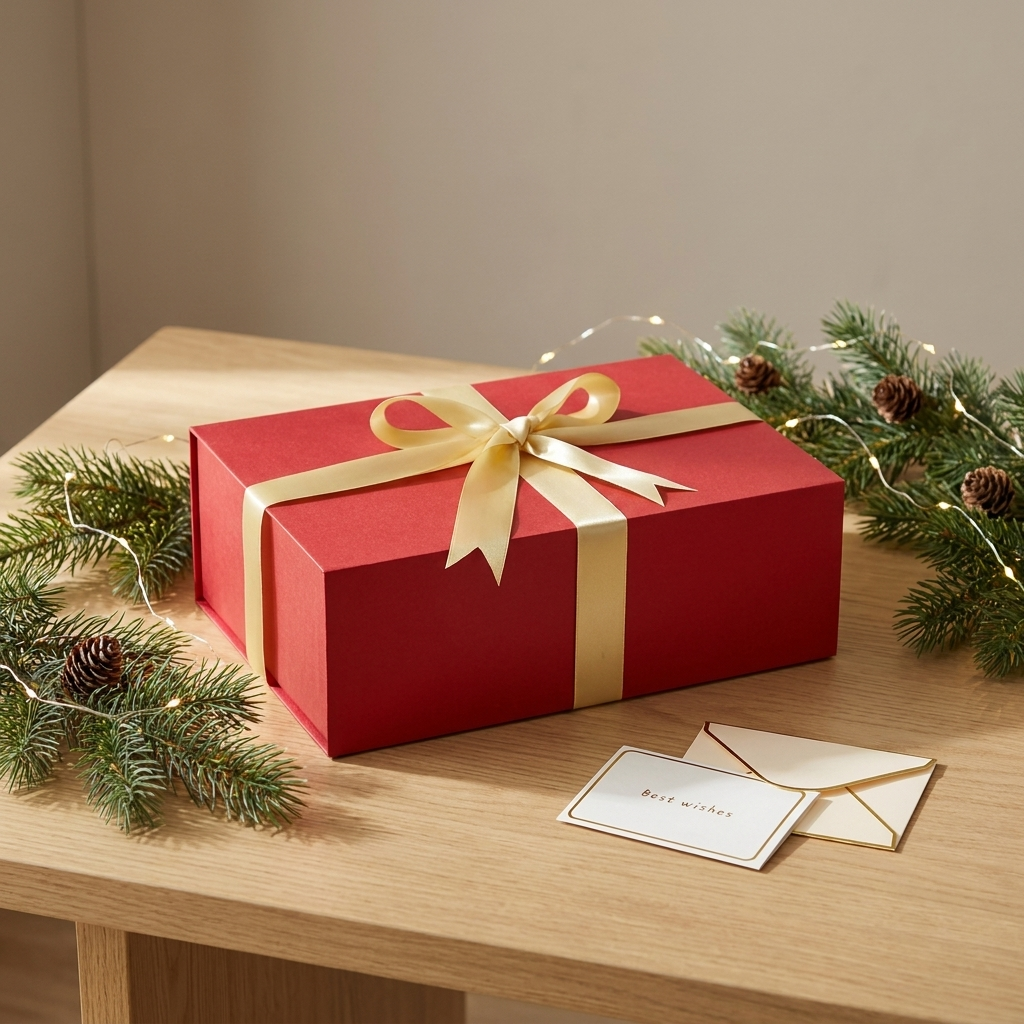 Red gift box with festive pine and fairy lights