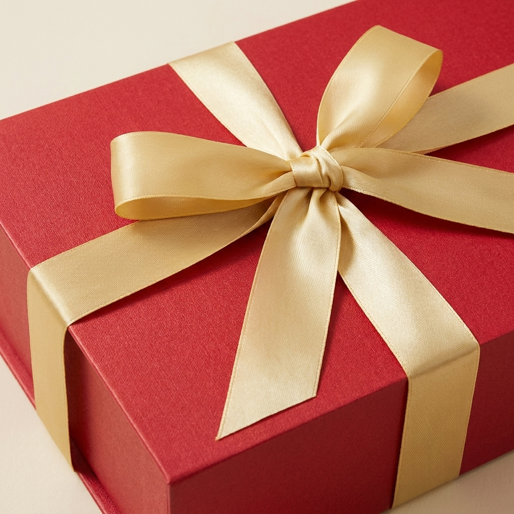 Close-up of gold ribbon bow on red keepsake box