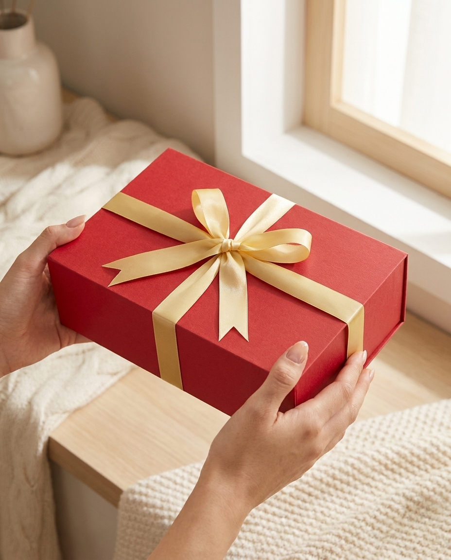 Hands holding red gift box with gold ribbon