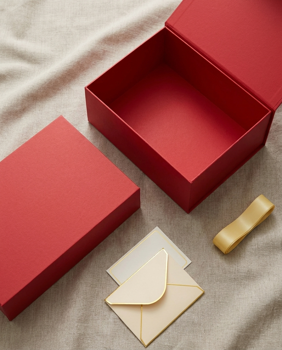 Open red gift box with greeting card and envelope flat-lay