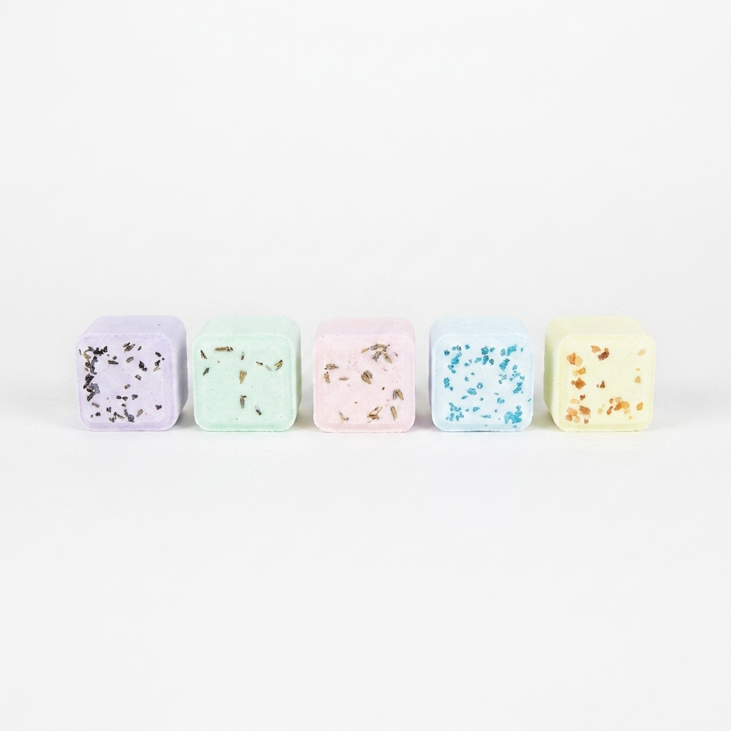 Set of 5 pastel aromatherapy shower steamers on white background