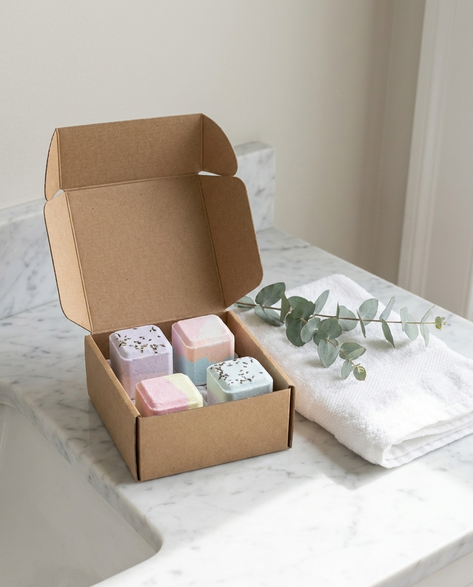 Five shower steamers in a gift box on a marble bathroom counter