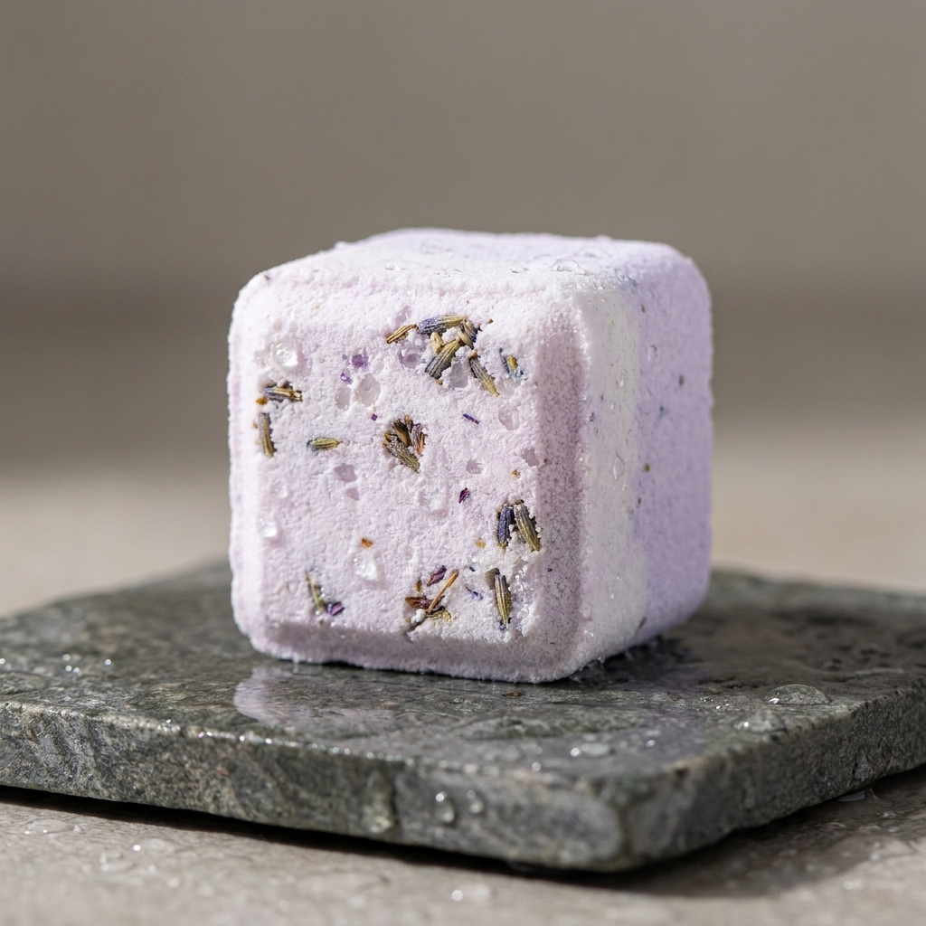Close-up of a shower steamer with dried lavender and botanicals