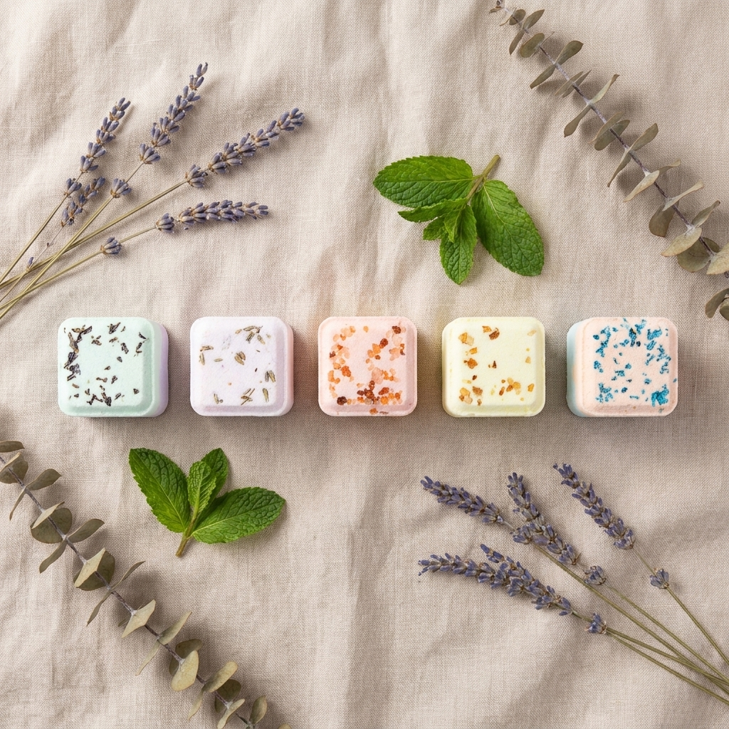Flat lay of five assorted aromatherapy shower steamers