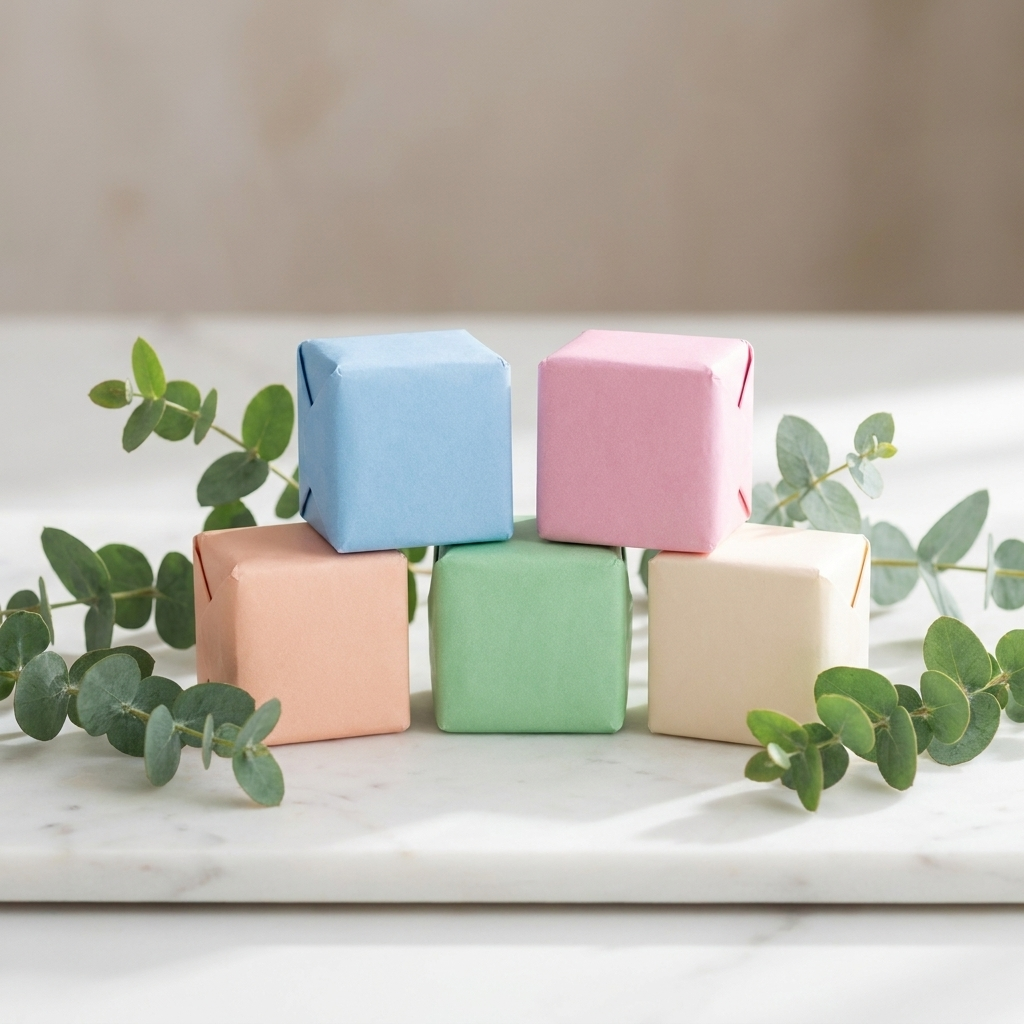 Colorful pastel shower steamer cubes with eucalyptus