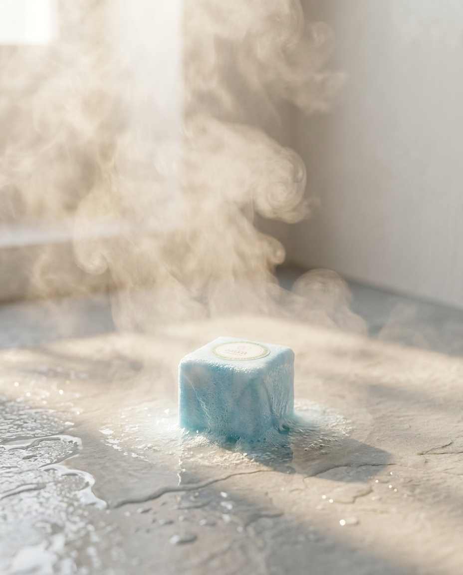Shower steamer dissolving on shower floor with steam
