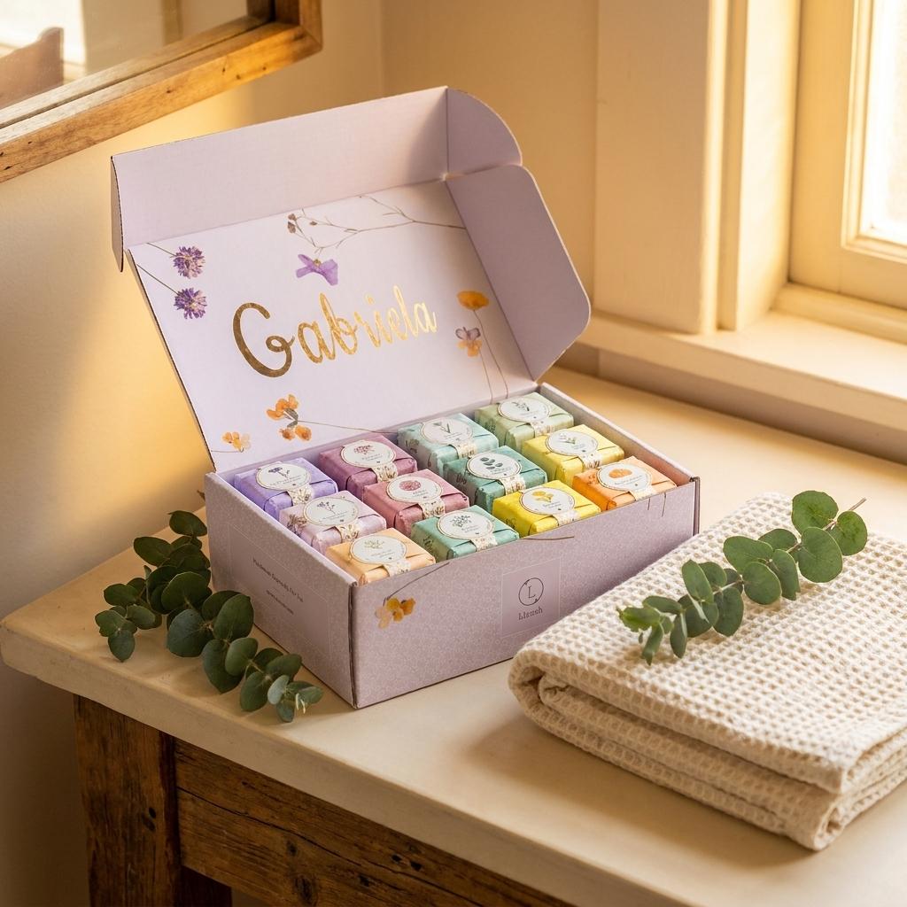 Open floral box of shower steamers on a bathroom counter