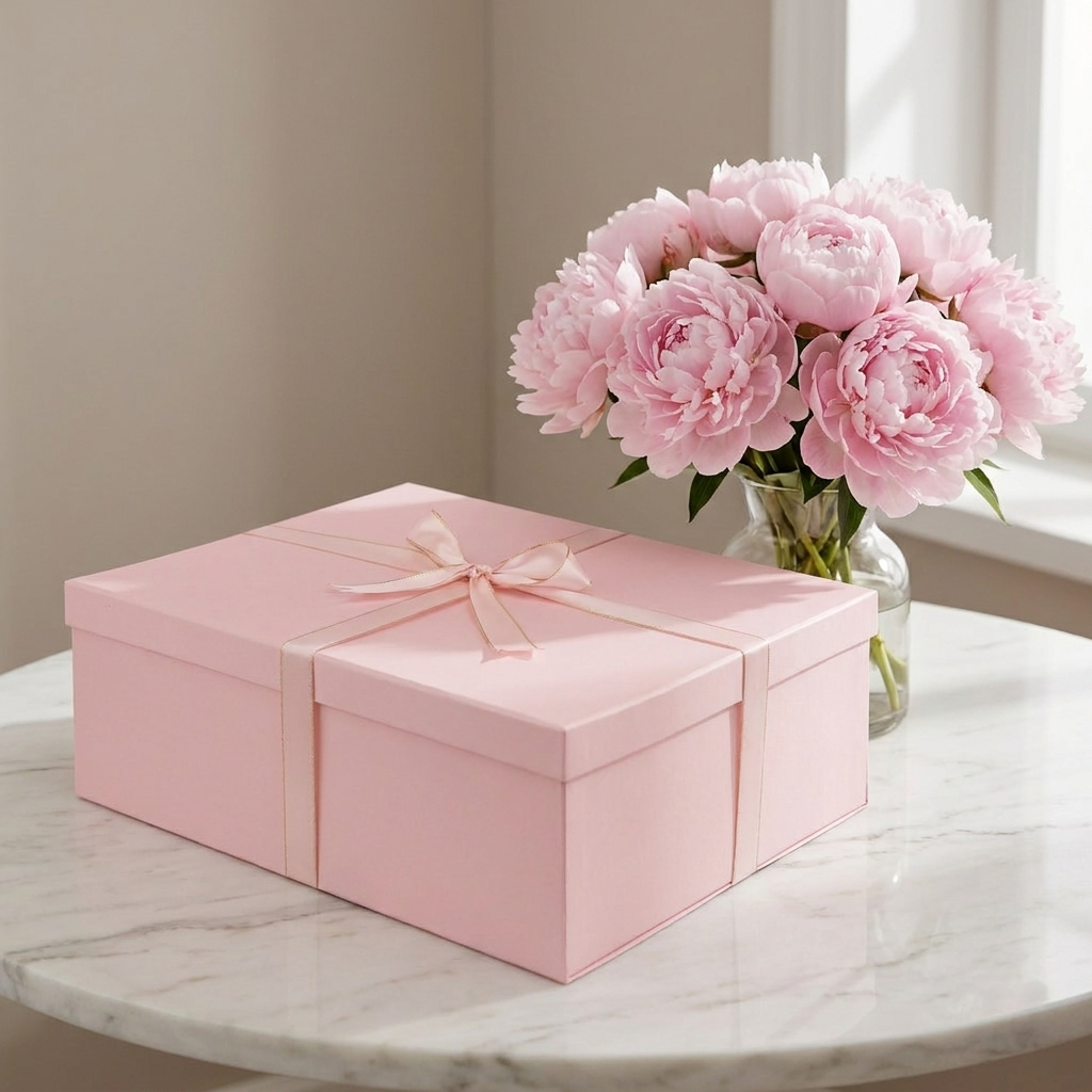 Pink gift box on marble table with peonies