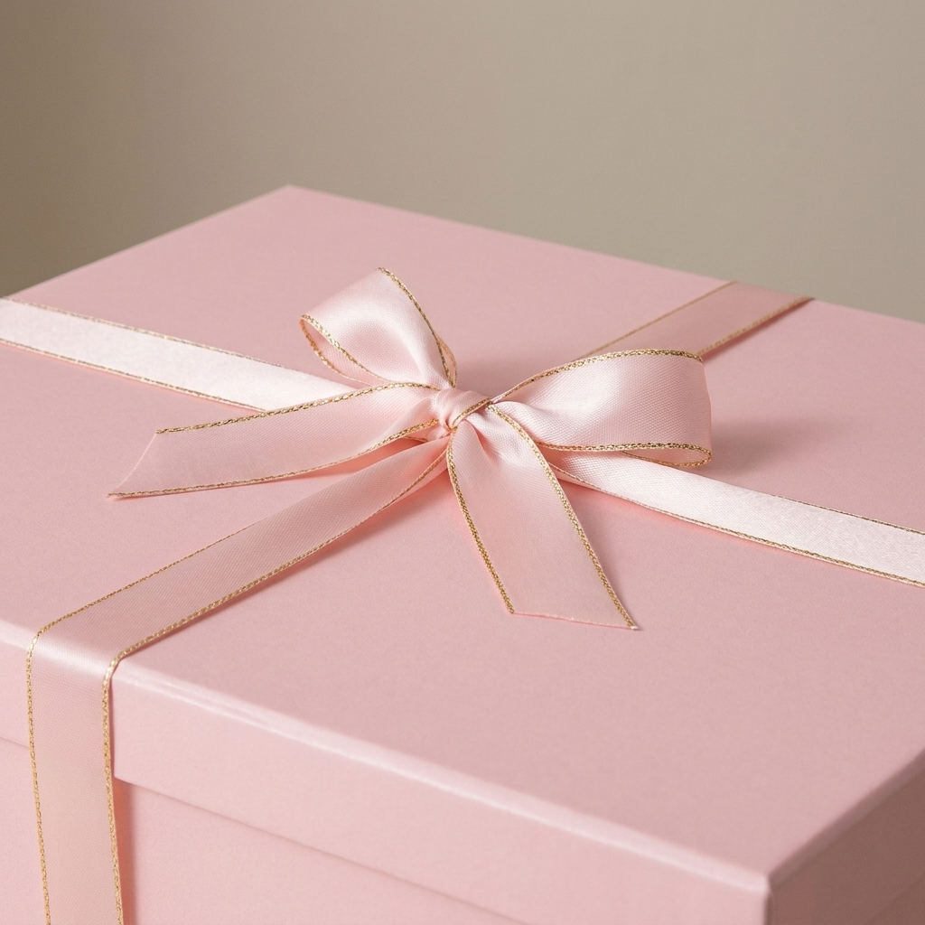 Close-up of pink ribbon bow on pink gift box