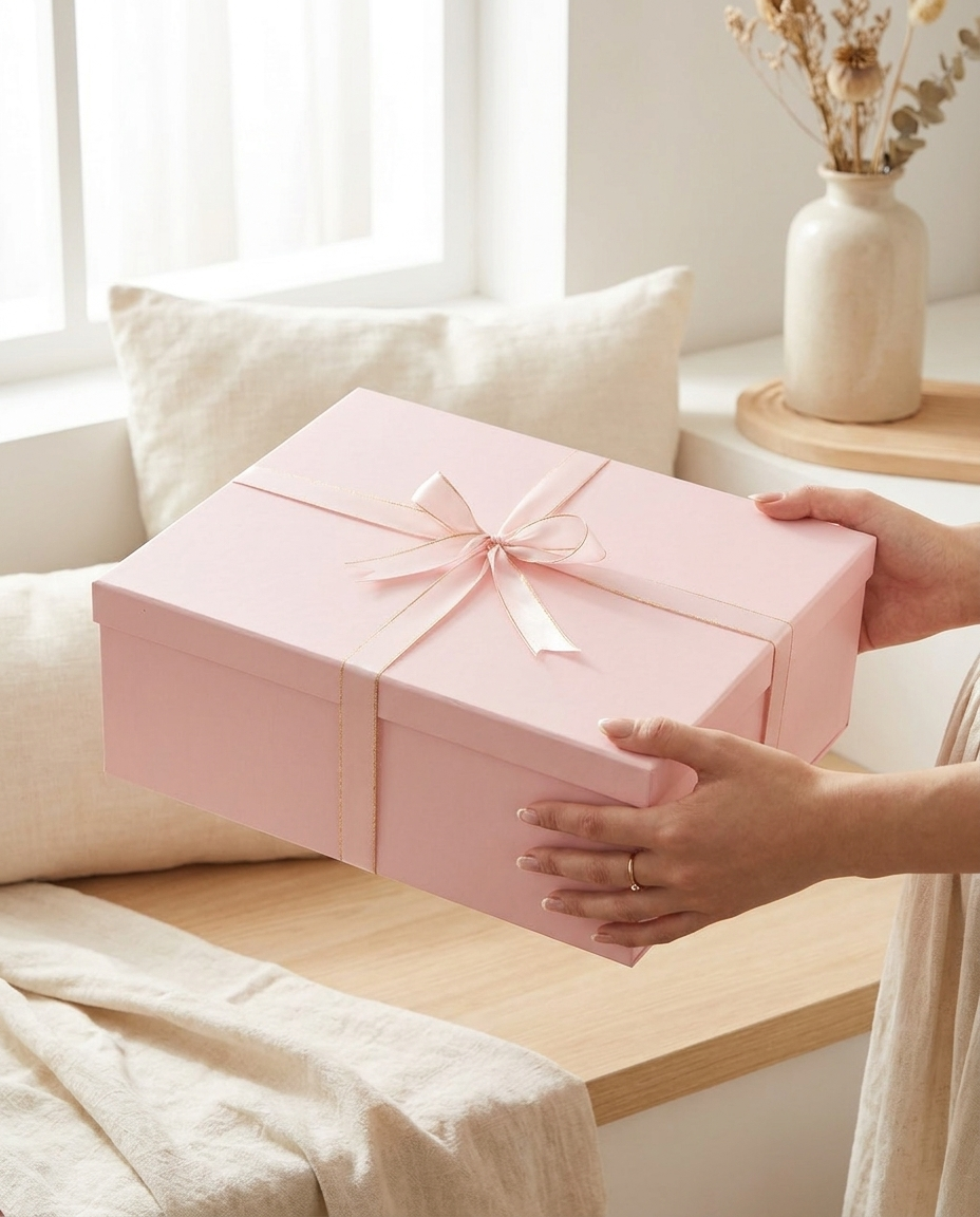 Hands presenting pink gift box with ribbon