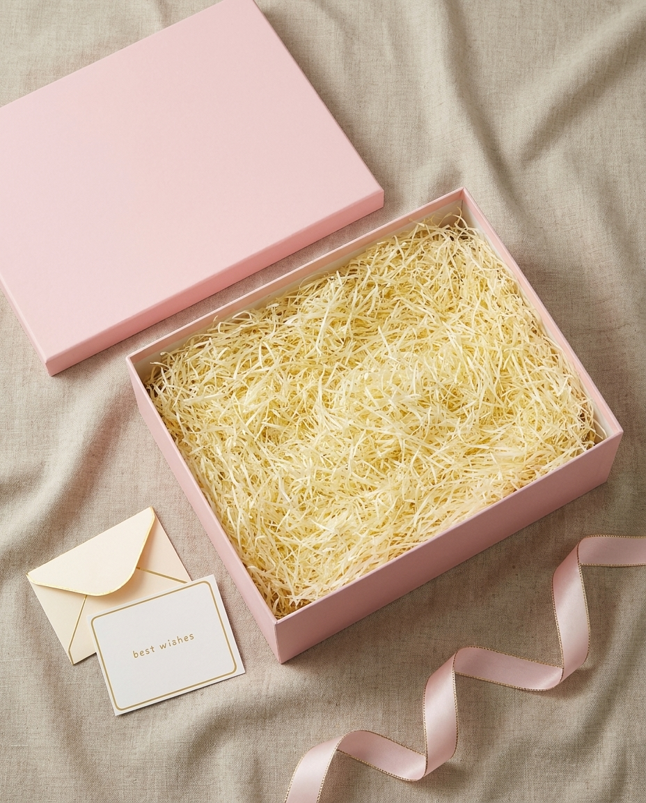 Open pink gift box with shredded paper filler and greeting card