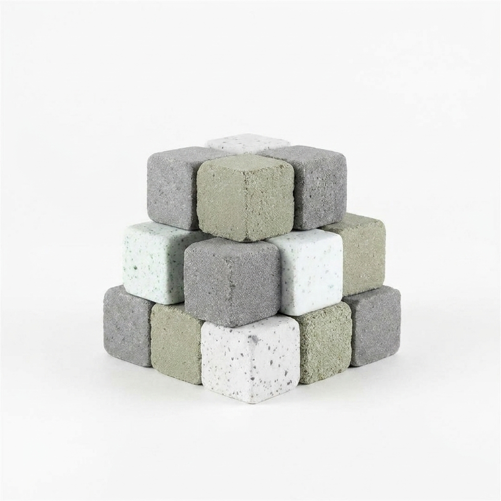 Set of 12 earthy herbal shower steamers on white background