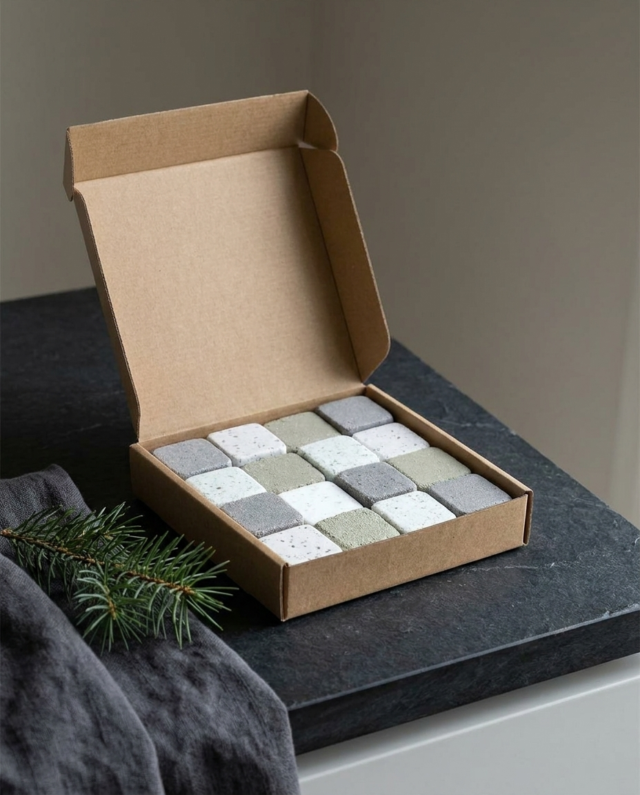 Earthy shower steamers in a gift box on a slate bathroom counter