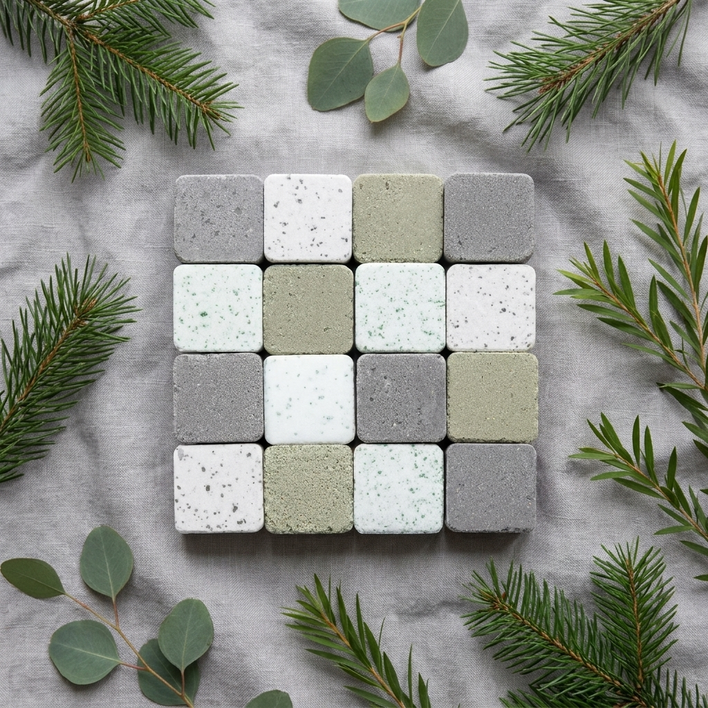 Flat lay of twelve earthy herbal shower steamers