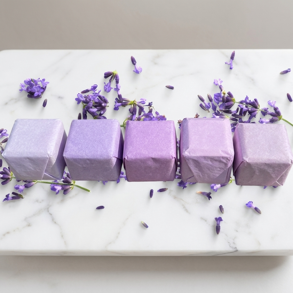 Row of lavender shower steamer cubes with fresh lavender