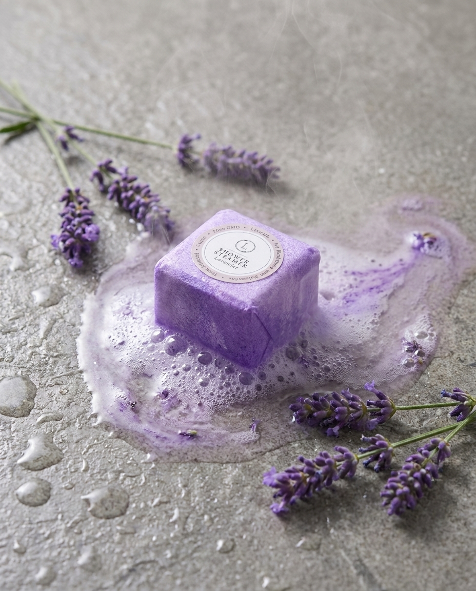 Lavender shower steamer dissolving on shower floor with steam