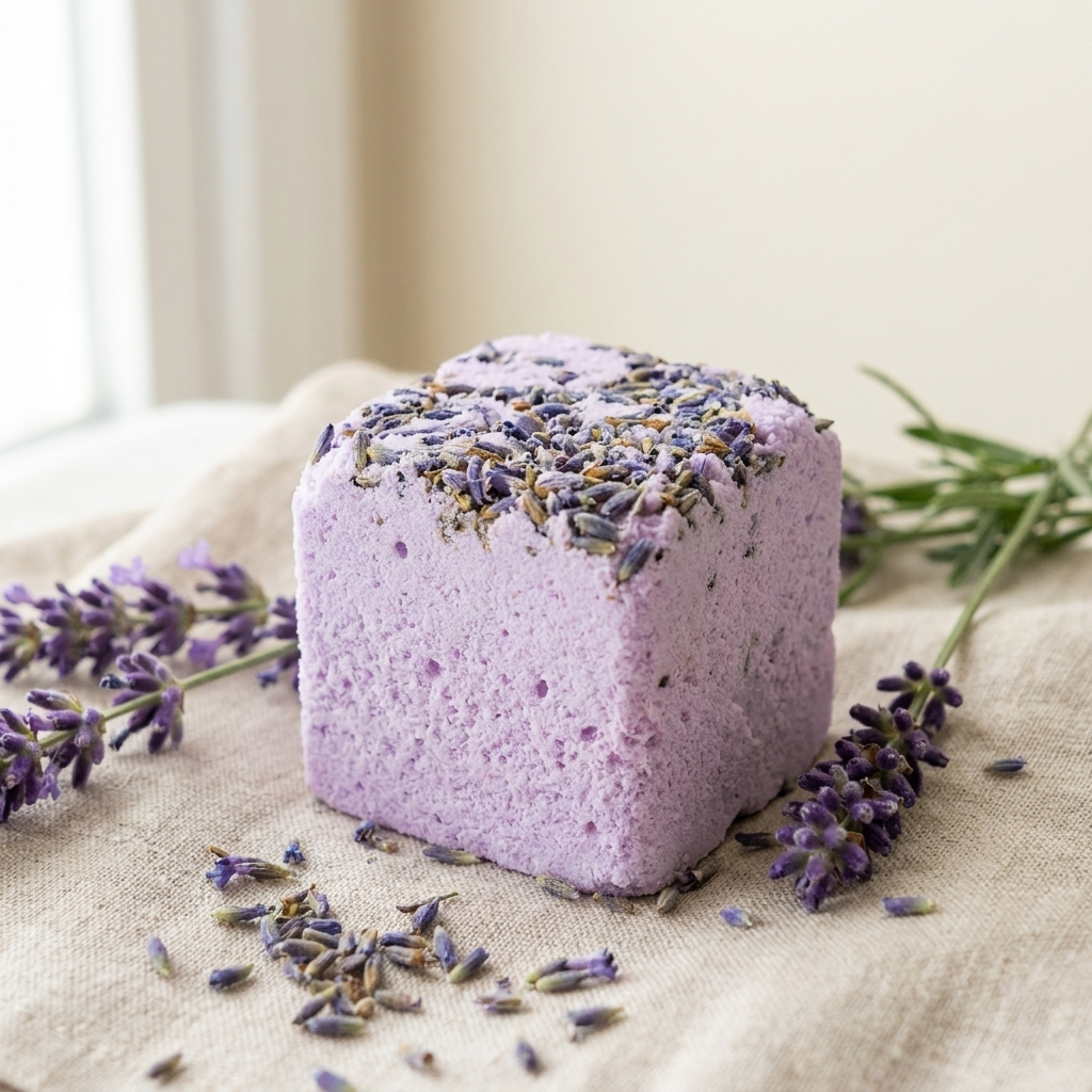 Close-up of lavender shower steamer with dried petals
