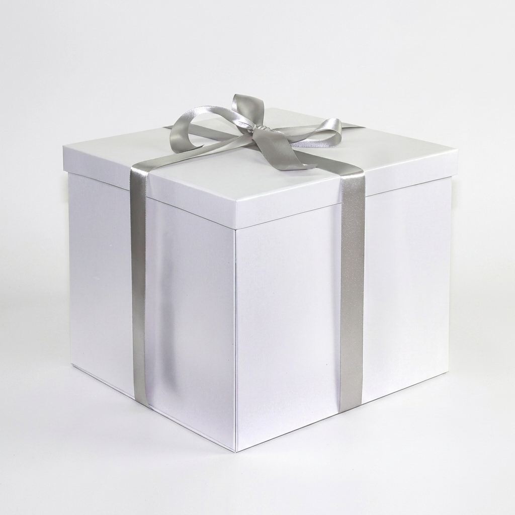 Large white square gift box with silver ribbon bow