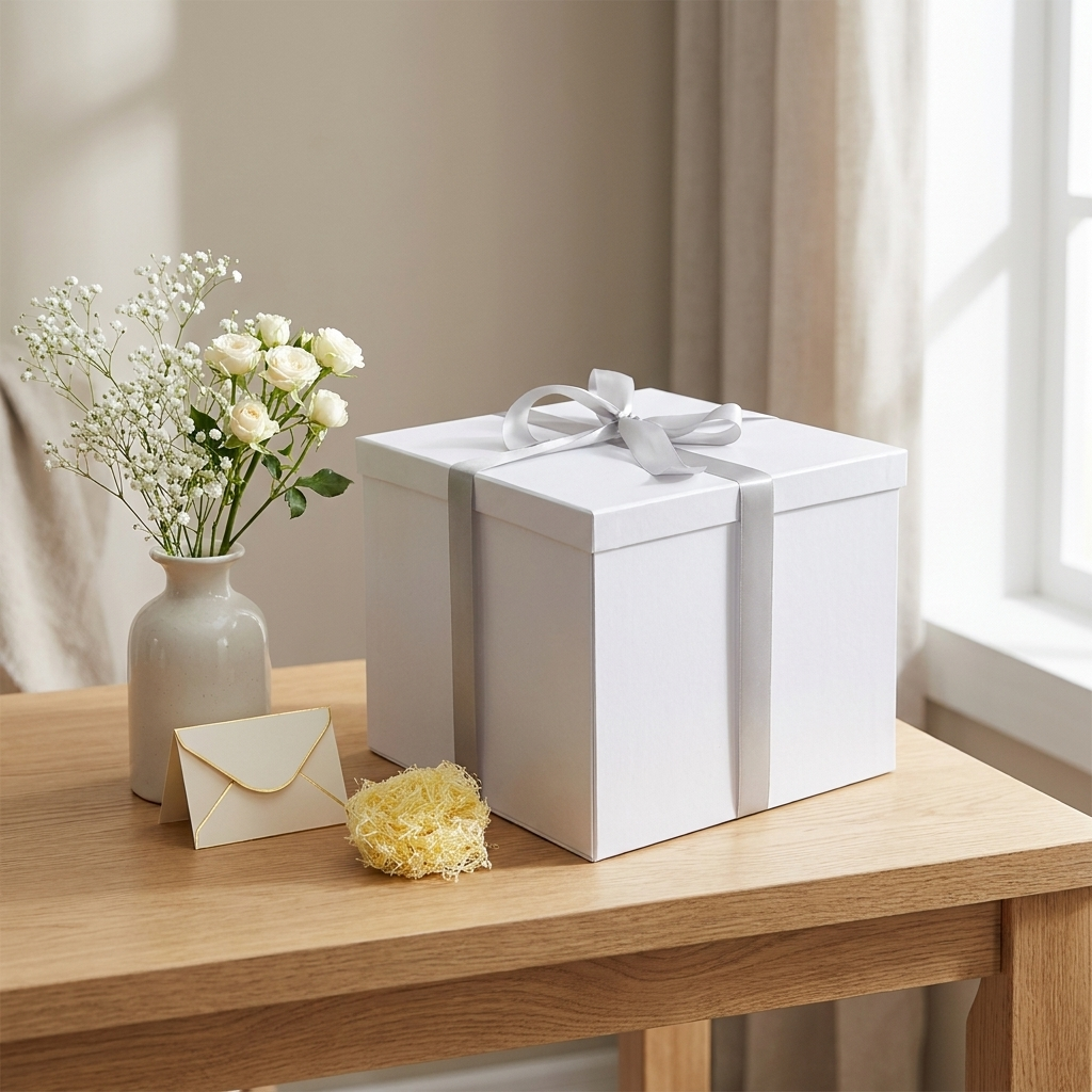 White gift box with silver ribbon and white flowers