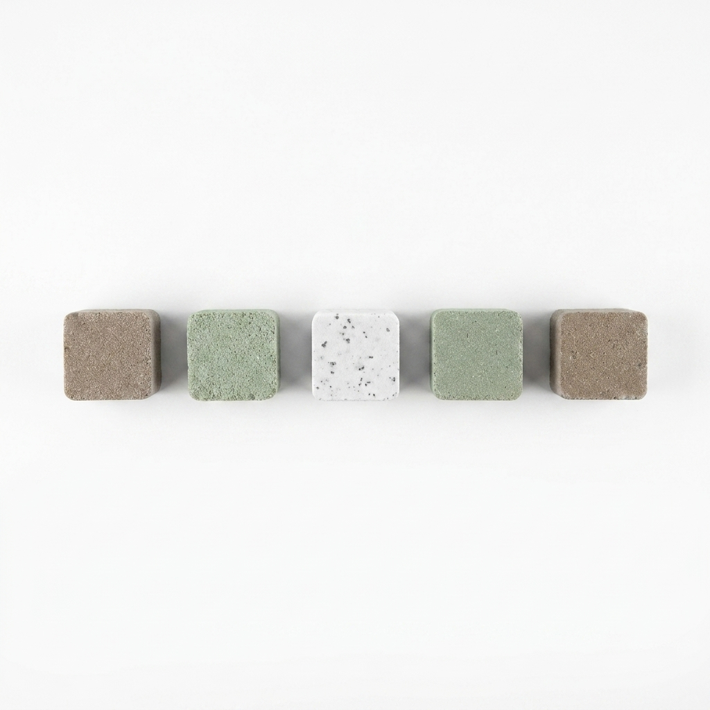 Set of 5 earthy herbal shower steamers on white background