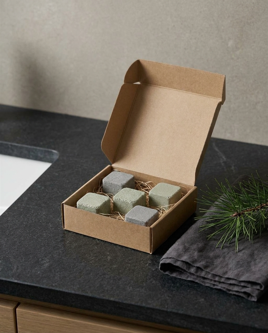 Earthy shower steamers in a gift box on a slate bathroom counter