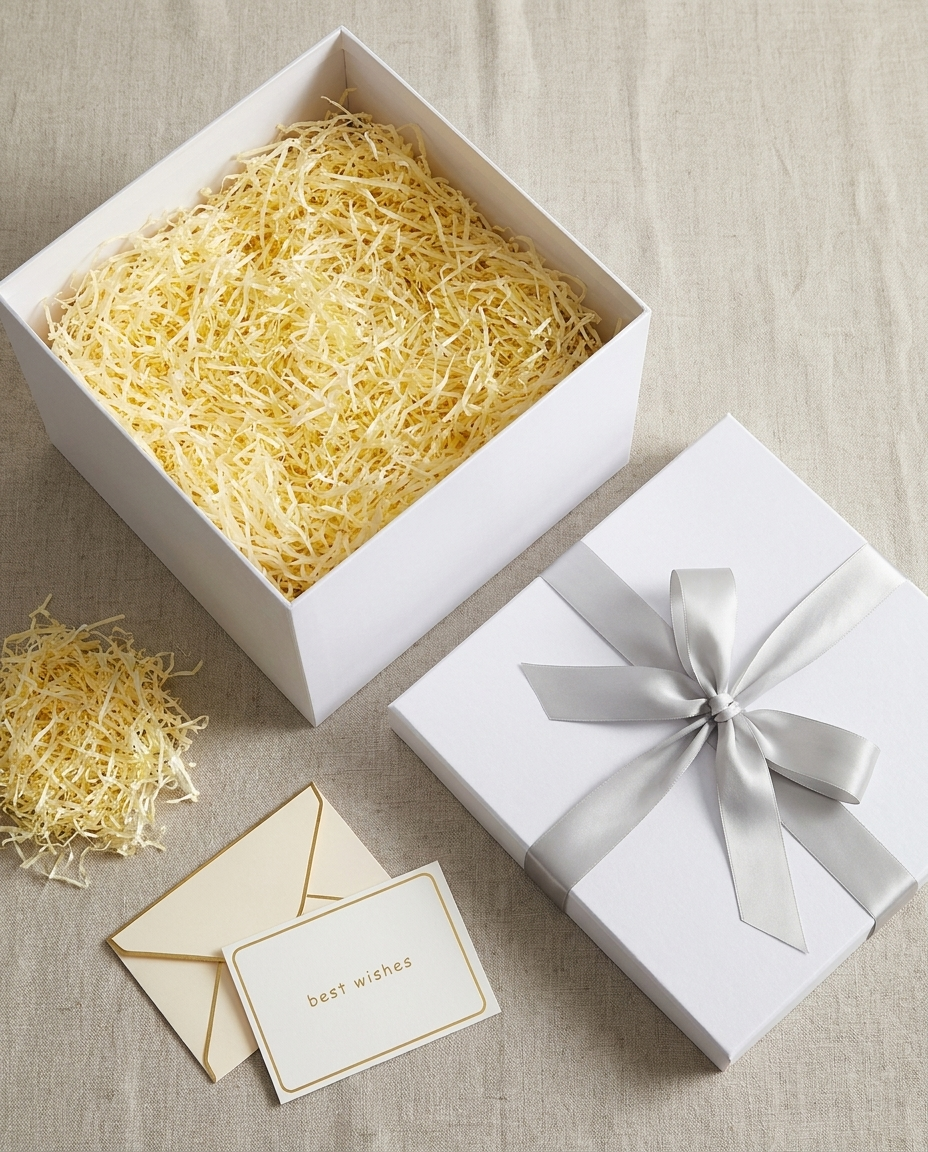 Open white gift box with shredded paper filler and greeting card