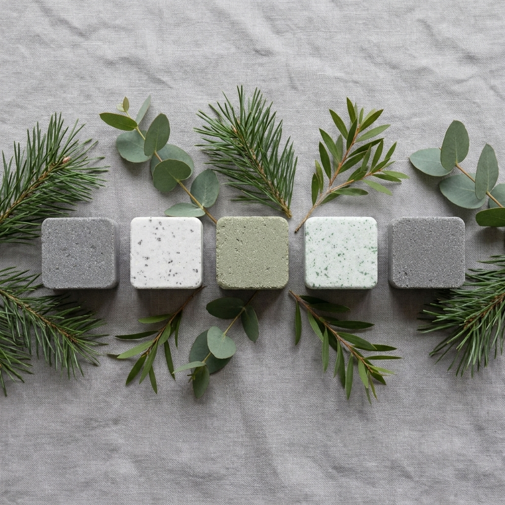 Flat lay of five earthy herbal shower steamers