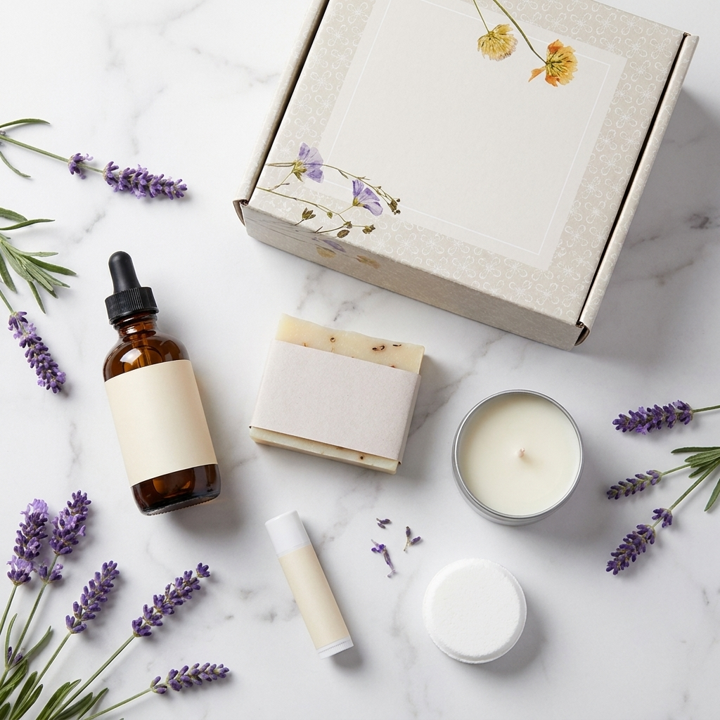 Flat-lay of lavender spa set with fresh lavender