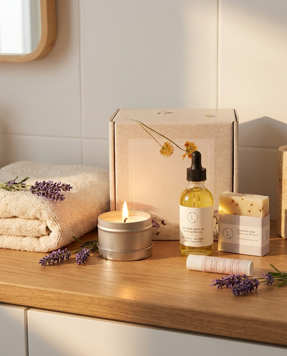 Lavender spa set styled on a bathroom counter