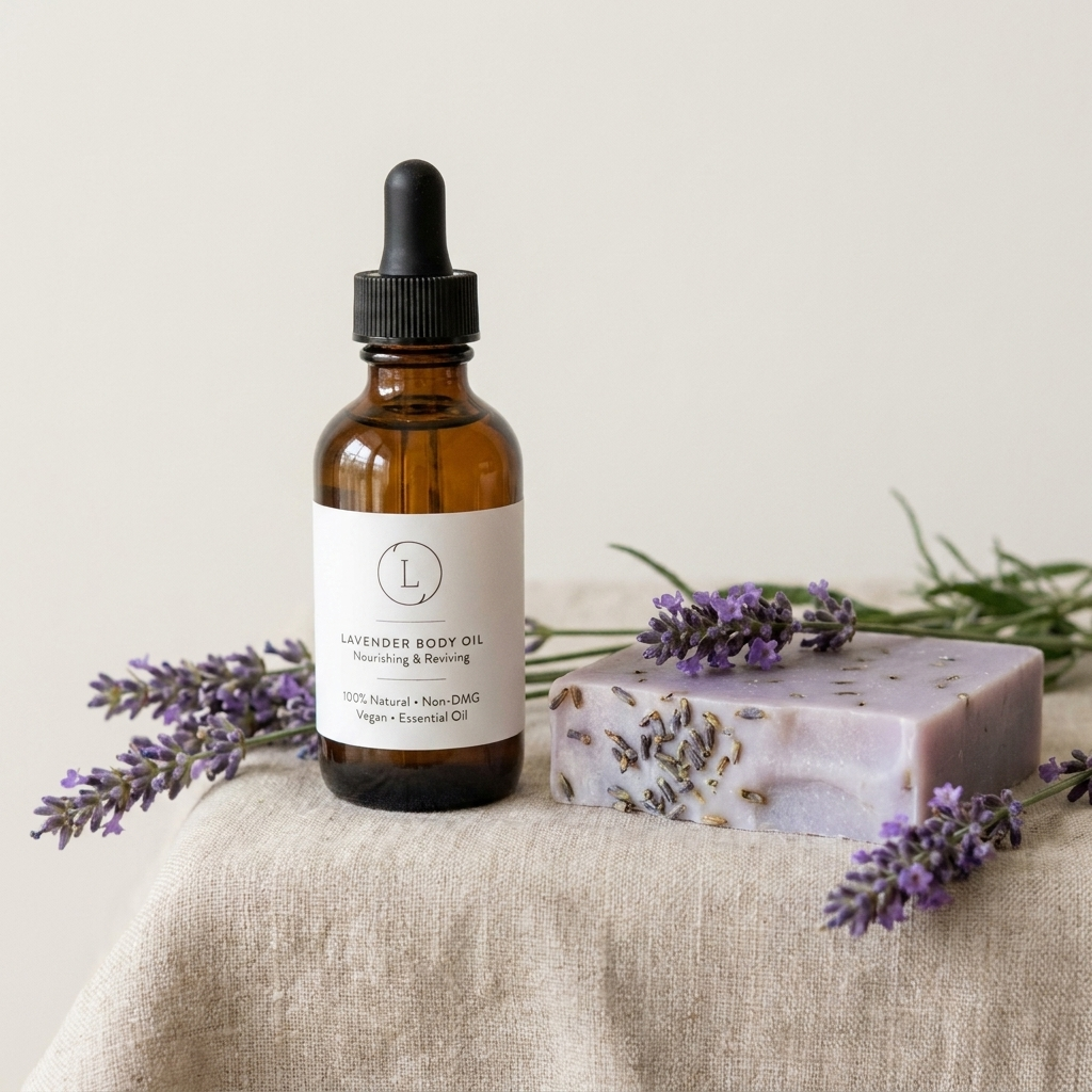 Close-up of lavender body oil and soap with fresh lavender