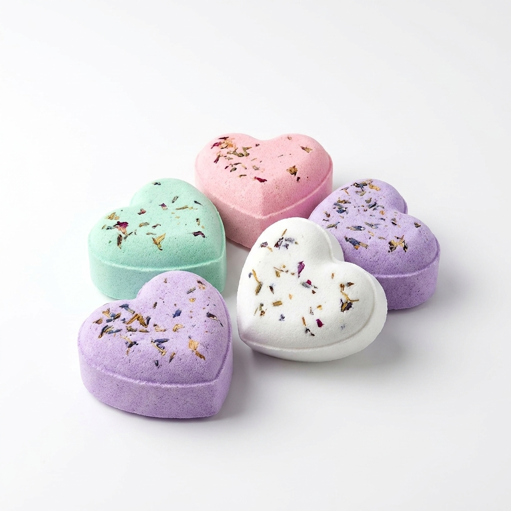 Set of 5 heart-shaped lavender shower steamers on white background