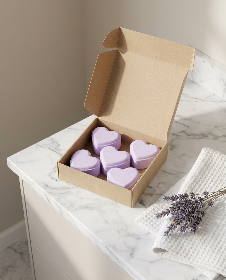 Heart-shaped shower steamers in a gift box on a marble bathroom counter
