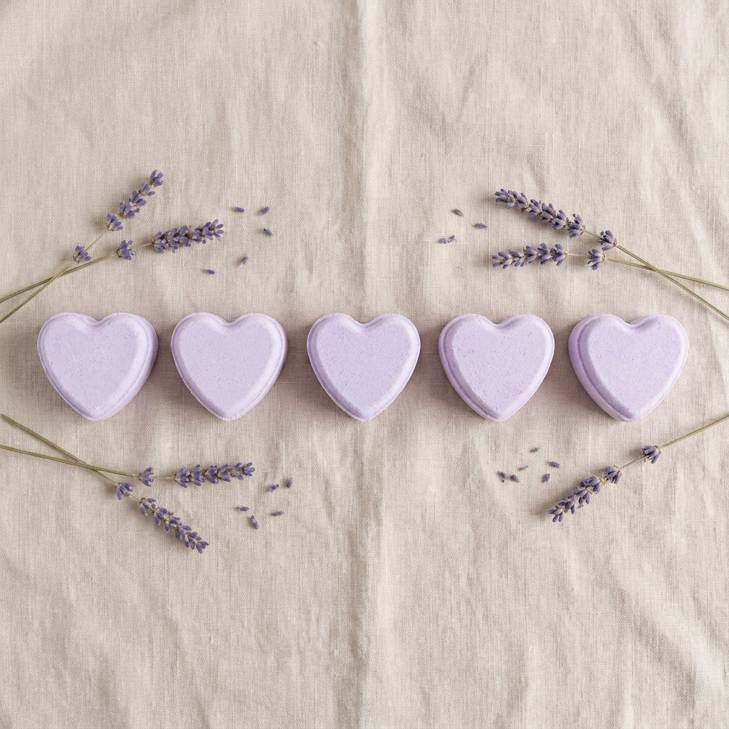 Flat lay of five heart-shaped lavender shower steamers