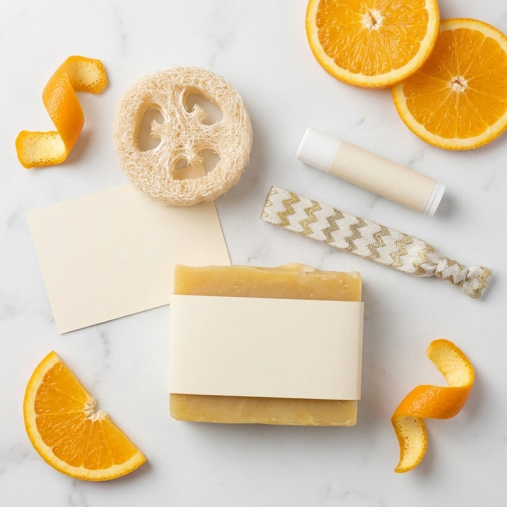 Flat-lay of citrus guest set with orange slices