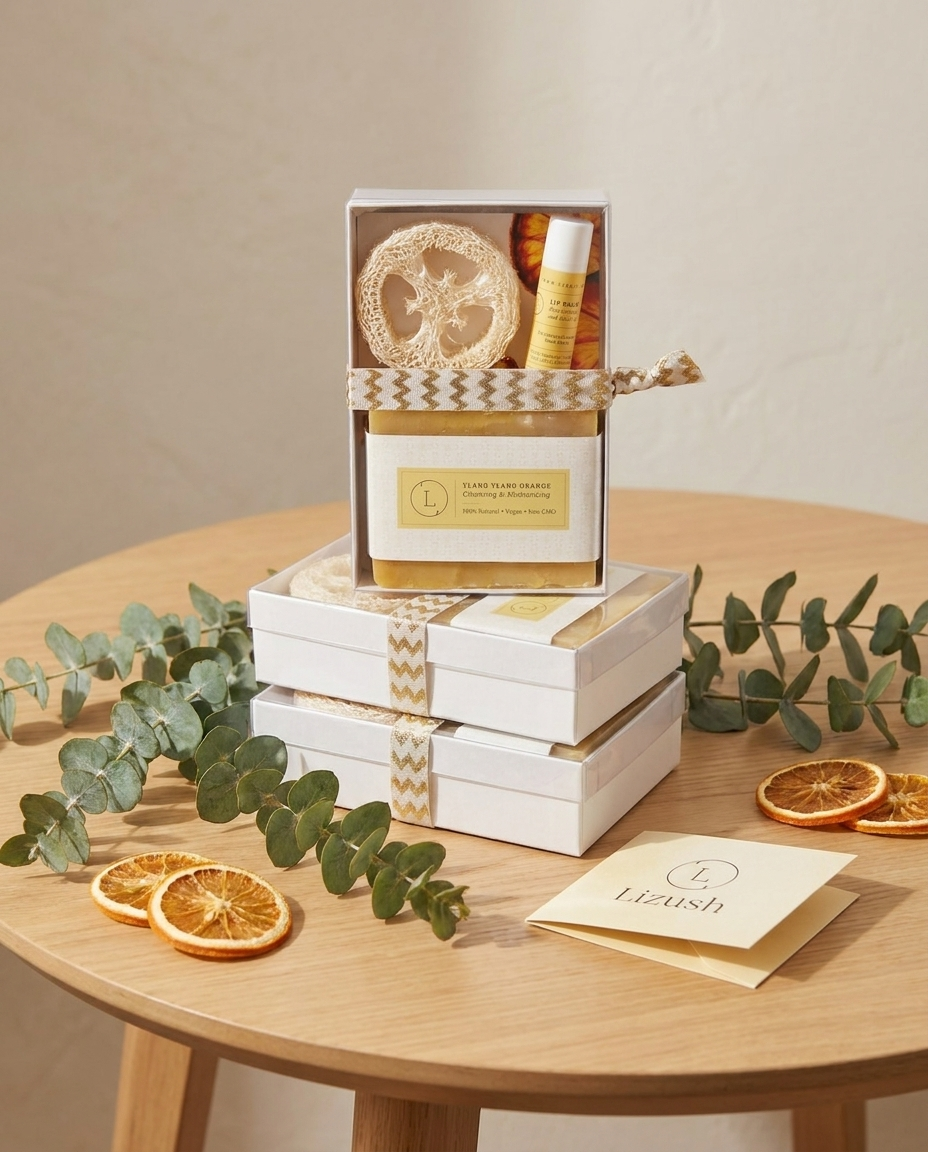 Citrus guest gift boxes stacked as party favors