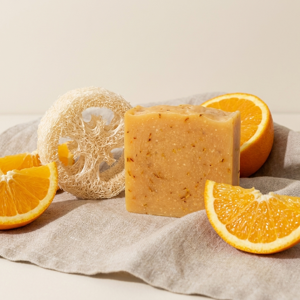 Close-up of citrus soap and loofah with orange slices