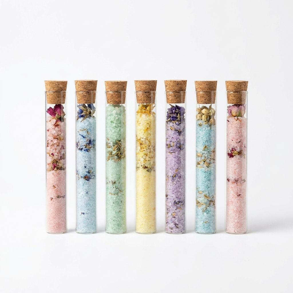 Set of 7 glass tube vials of botanical bath salts on white background