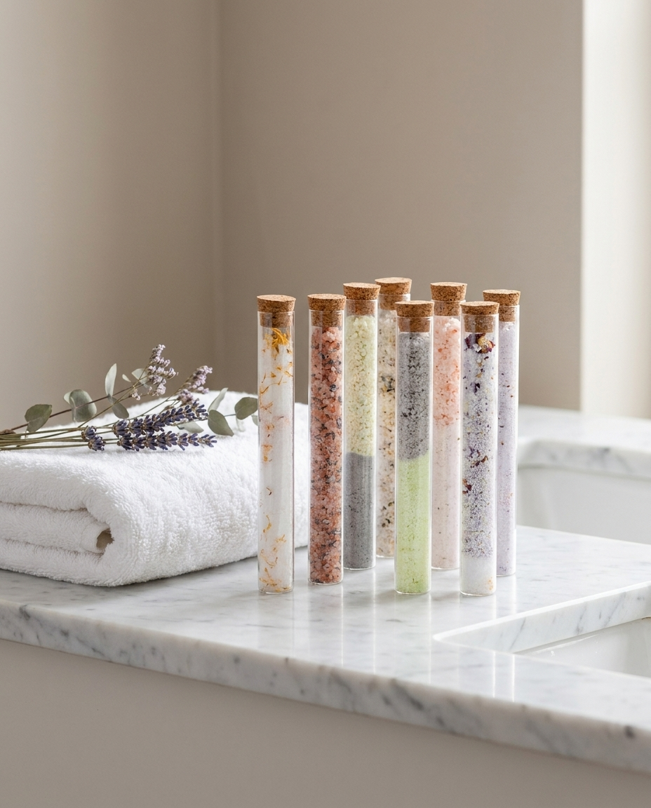 Bath salt glass tubes displayed on a marble bathroom counter