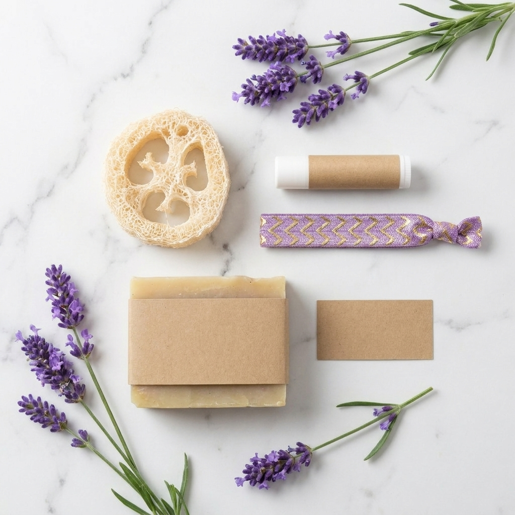 Flat-lay of lavender favor set with fresh lavender