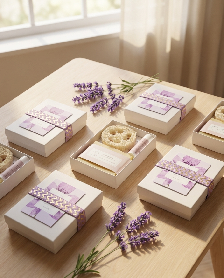 Lavender favor gift boxes arranged as party favors