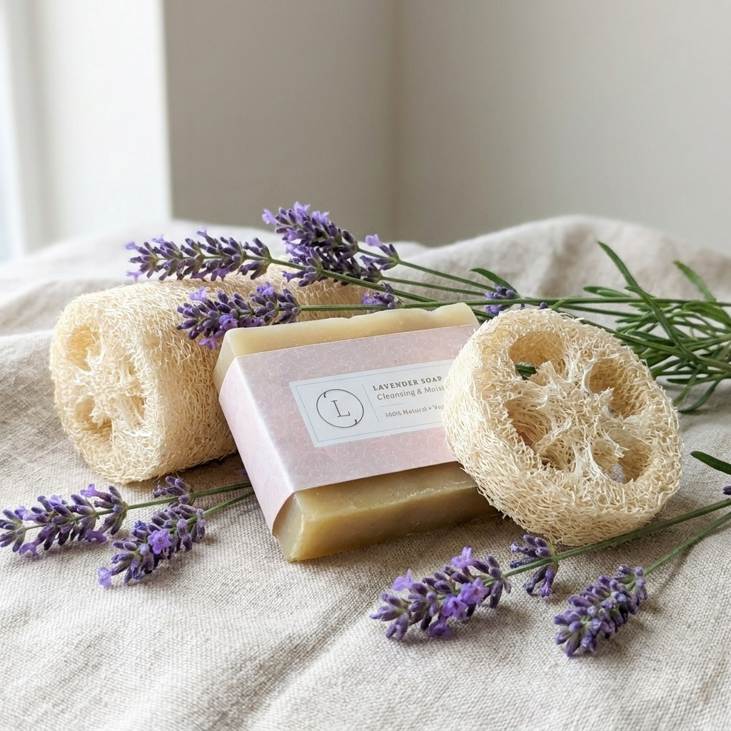 Close-up of lavender soap and loofah with fresh lavender