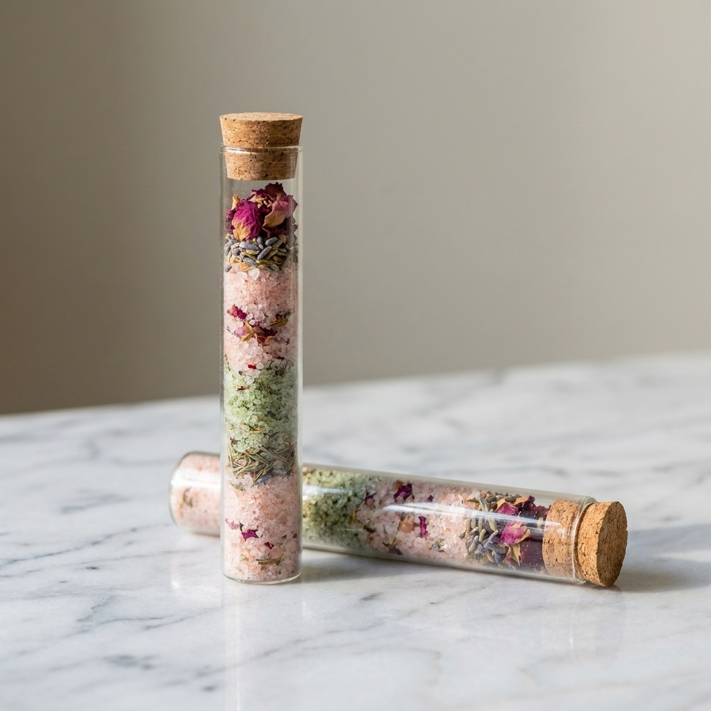 Close-up of layered botanical bath salts in glass tubes