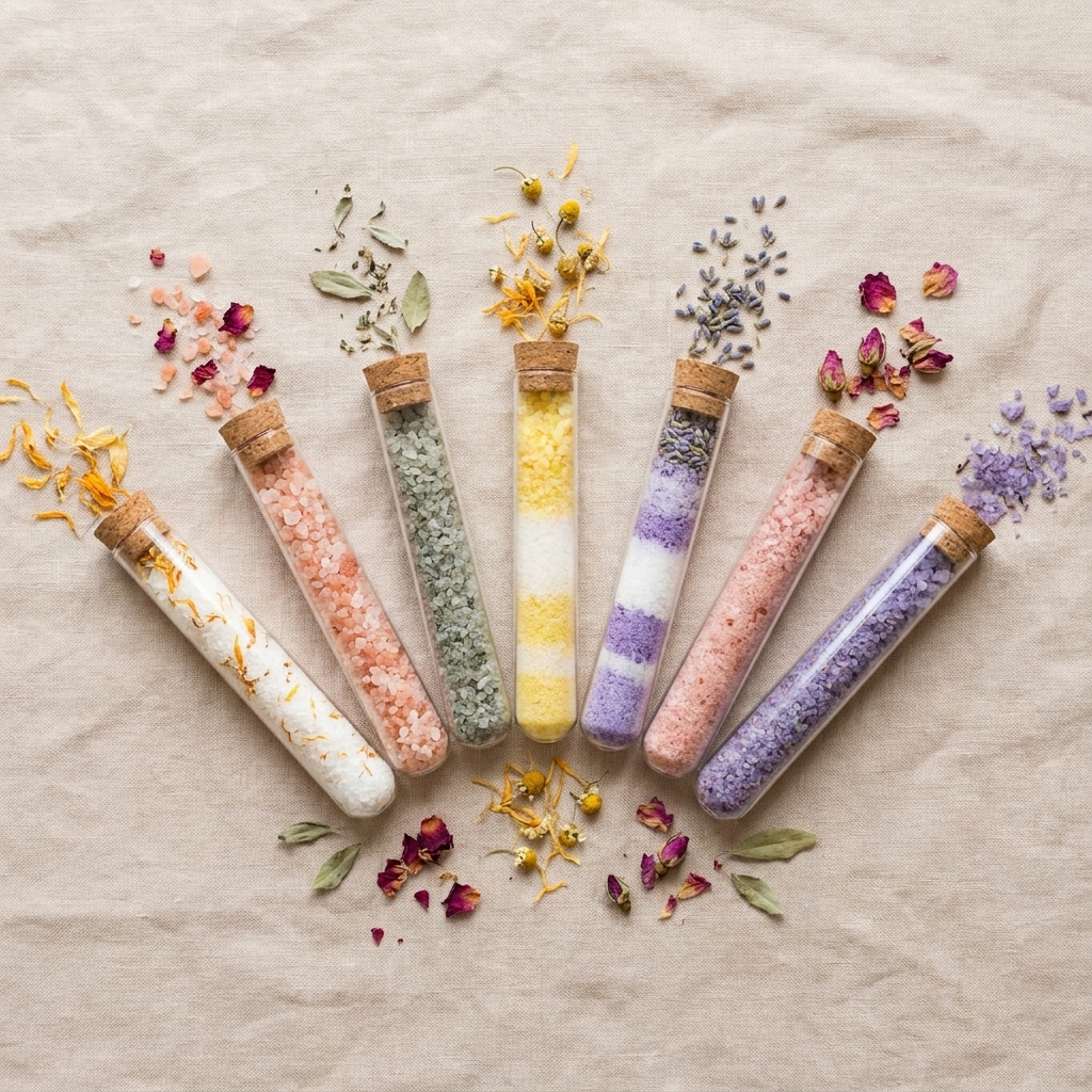 Flat lay of seven botanical bath salt glass tubes