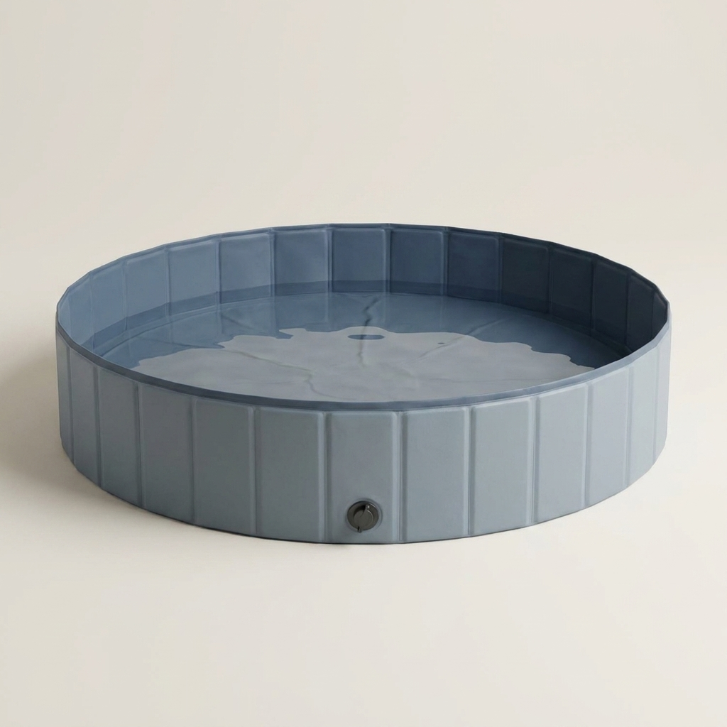 Gray-blue foldable pet pool, empty and set up, on a clean background