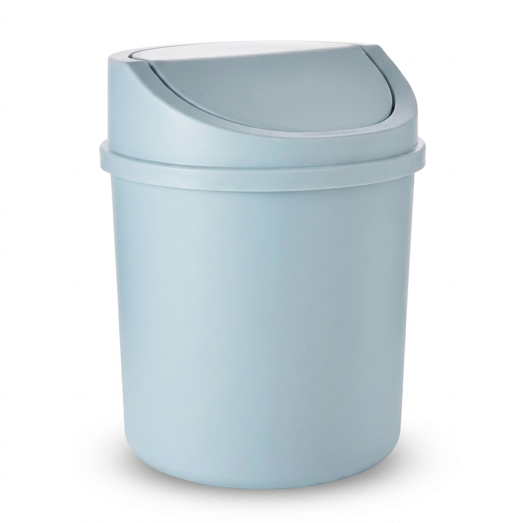 Compact desk bin with swing lid on pure white studio background, square packshot